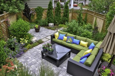 Residential paver patio with seating area